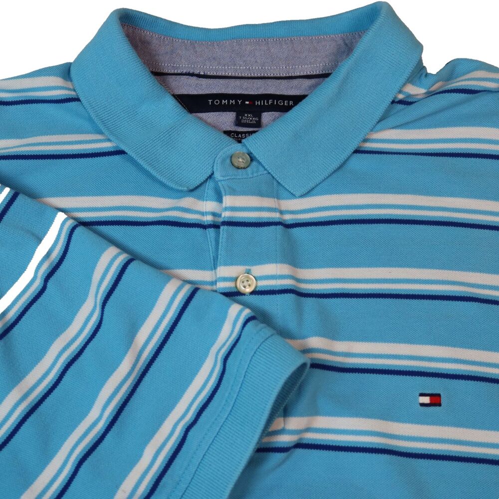 Tommy Hilfiger Polo Golf Shirt Mens XXL Cotton Classic Fit Blue Striped EUC